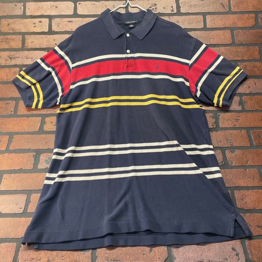 Nautica Men's XL Navy Stripe 90's Short Sleeve Polo Shirt Cotton Classic Preppy